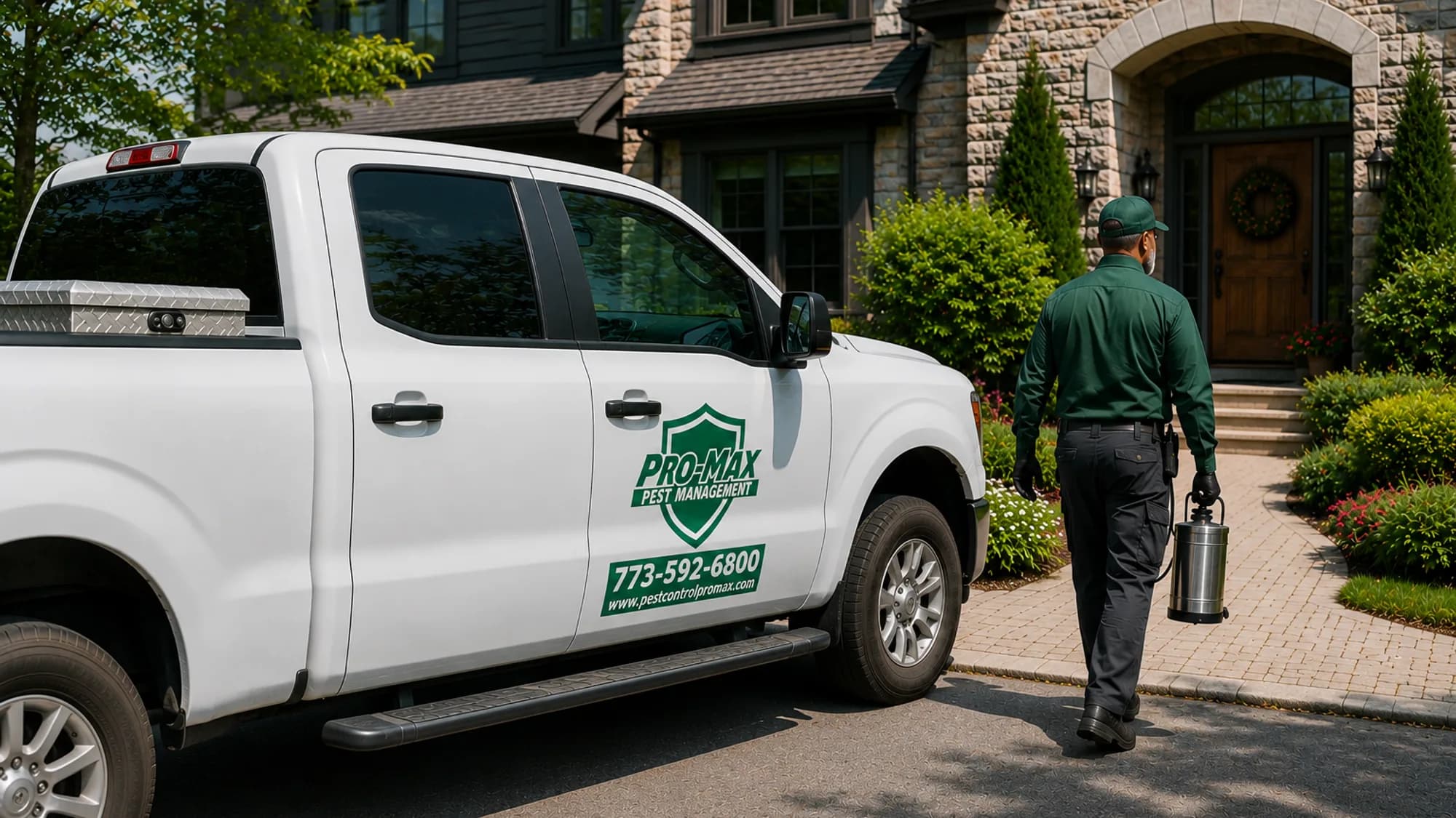 Pro-Max Pest Control technician arriving at a Chicago home with a branded service truck